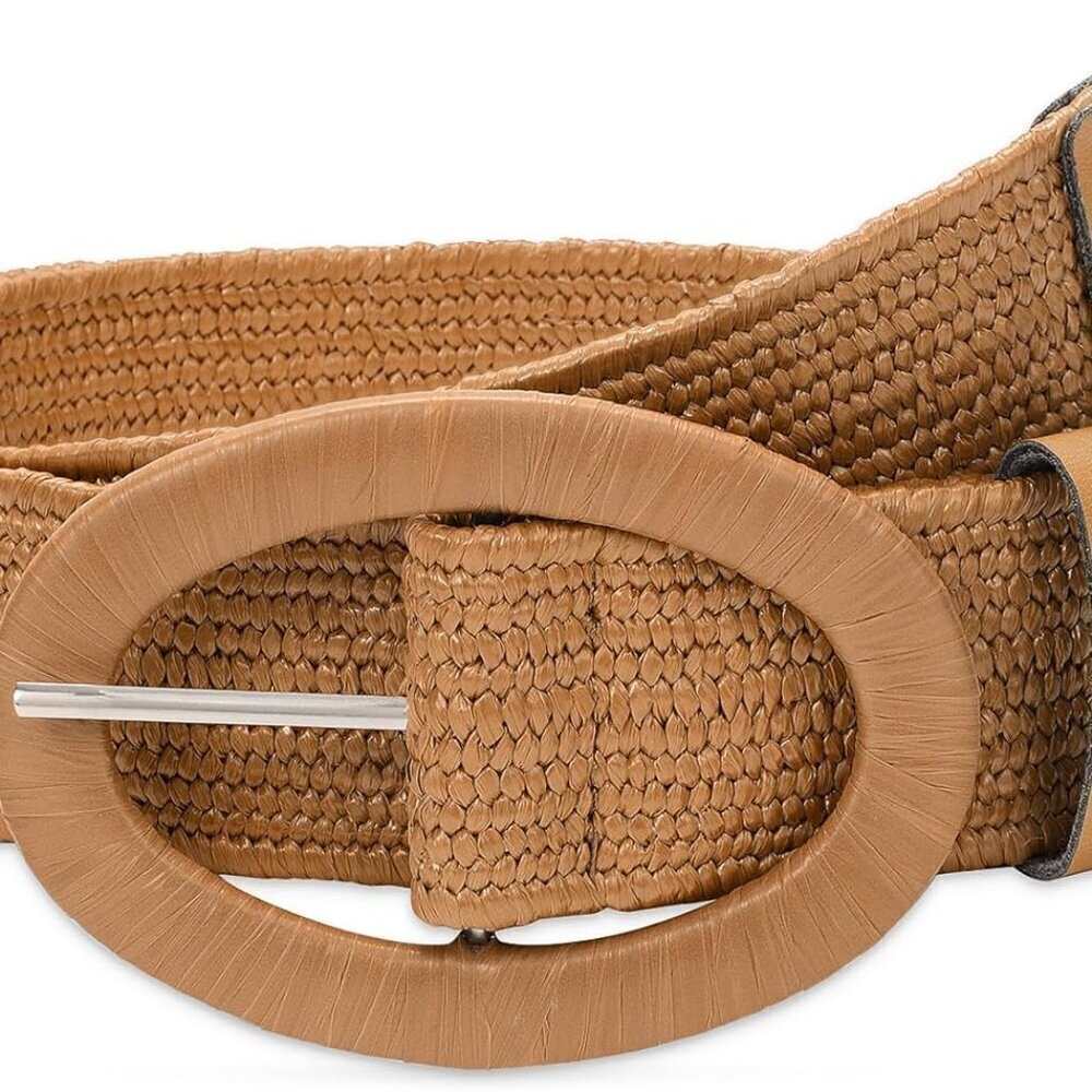 Women Straw Woven Elastic Belt Boho Braided Skinny Dress Waist Accessory